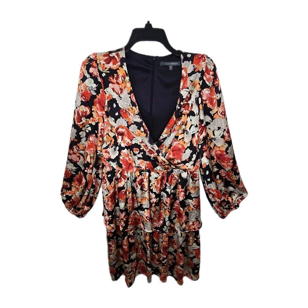 Julia Jordan Belted Faux Wrap Mini Dress Ballon Sleeve Party Floral Cocktail 6 - Picture 3 of 13
